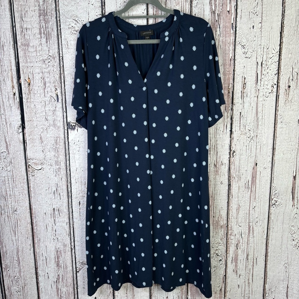 J. Jill Wearever Shirred Neckline Flutter‎ Sleeve Dress Navy Floral Size Medium